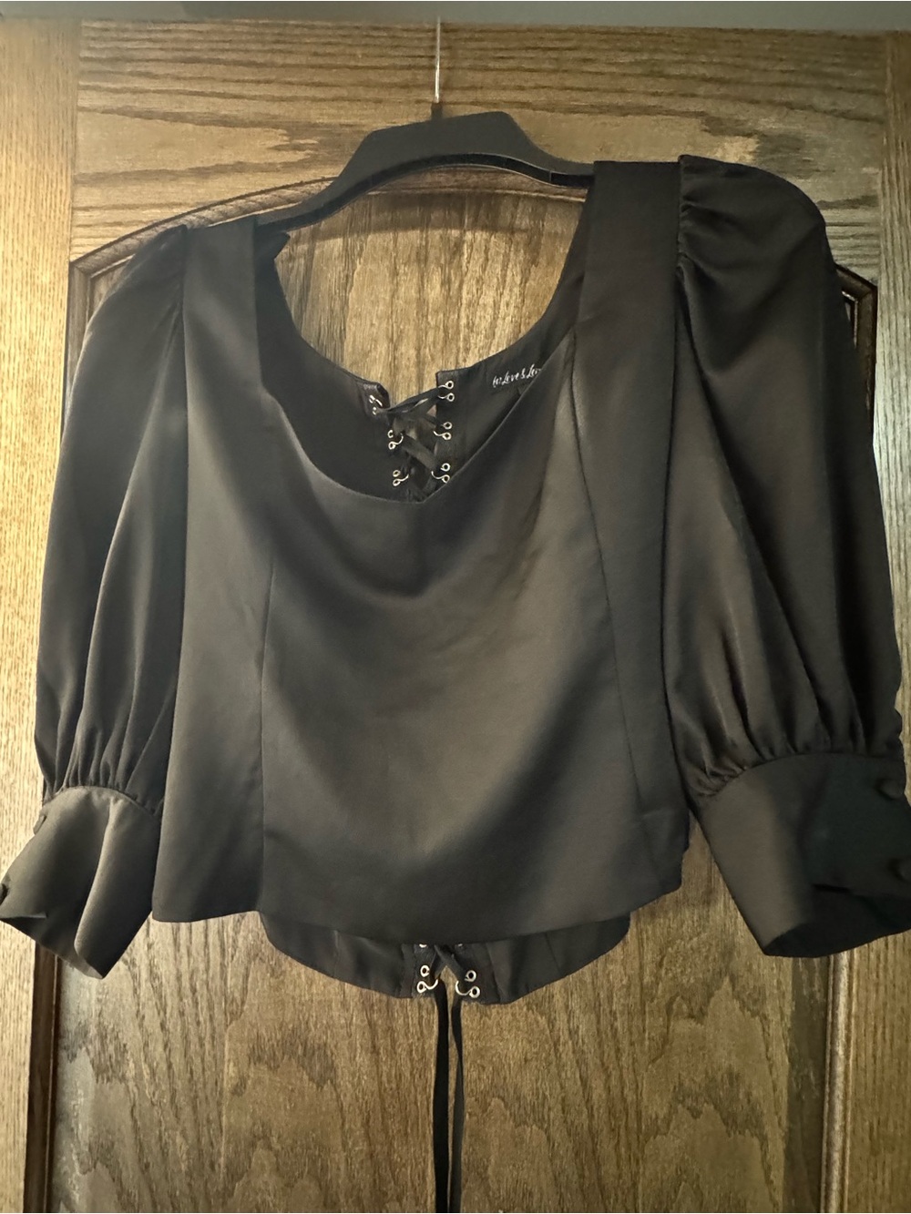 For Love And Lemons Black Puff-Sleeve Lace-Up Crop Top